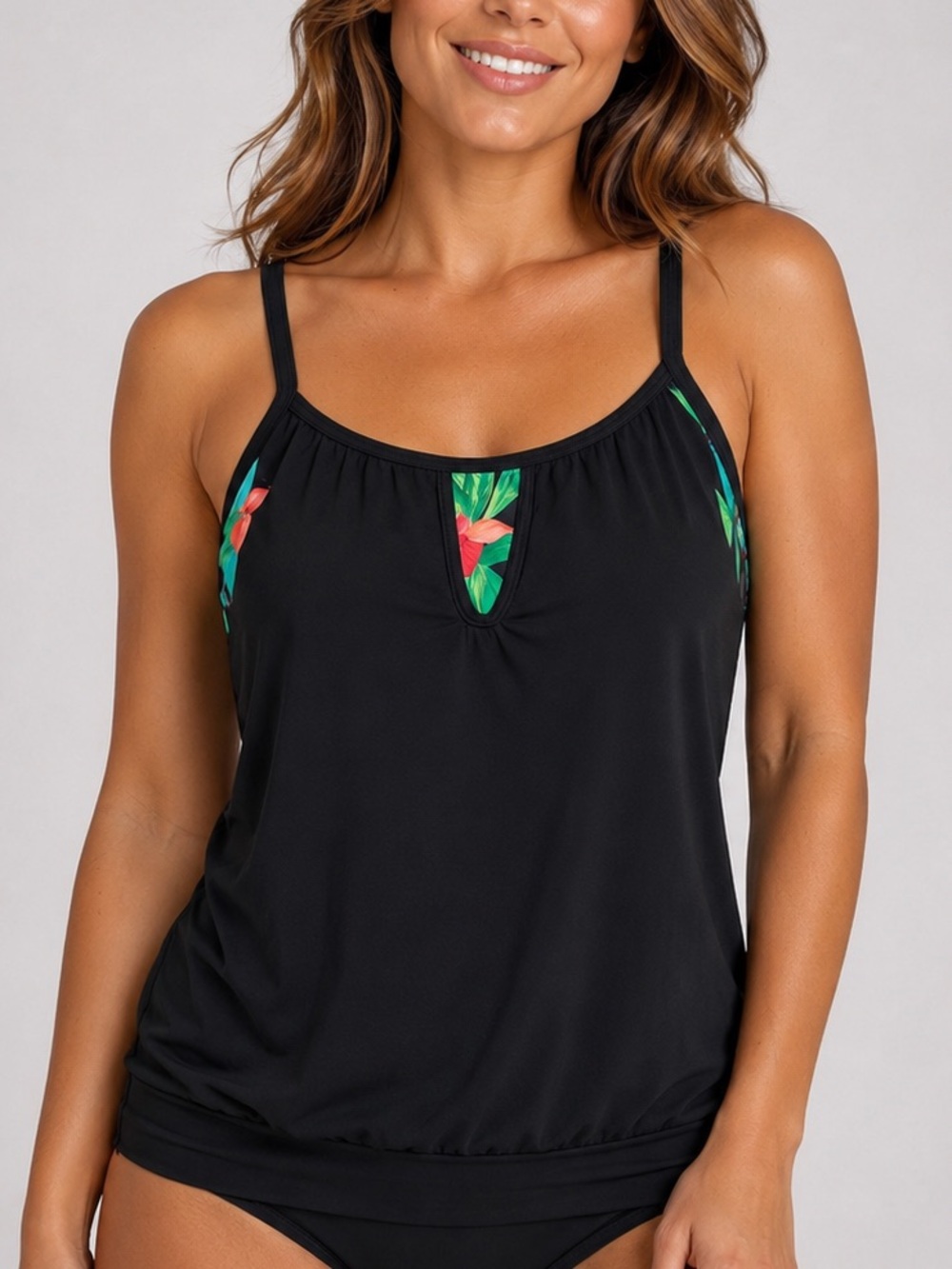 🆕🌺 Next Double Up Tankini Top Blue Hawaii Tropical Floral Black Straps Size 34DD